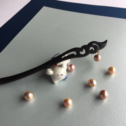 大玉真珠 揺れる 黒檀（こくたん）の簪 本真珠 オレンジ 2枚目の画像
