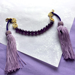 アメシスト羽織紐 兼用髪飾り藤紫の正絹房飾り ユニセックス 着物男子 送料無料 オトナの和小物（金色） 1枚目の画像