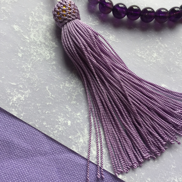アメシスト羽織紐 兼用髪飾り藤紫の正絹房飾り ユニセックス 着物男子 送料無料 オトナの和小物（金色） 6枚目の画像