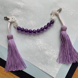 アメシスト羽織紐 兼用髪飾り藤紫の正絹房飾り ユニセックス 着物男子 送料無料 オトナの和小物（銀色） 2枚目の画像