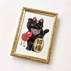 2L 黒招き猫 アートプリント/イラスト複製画 2枚目の画像