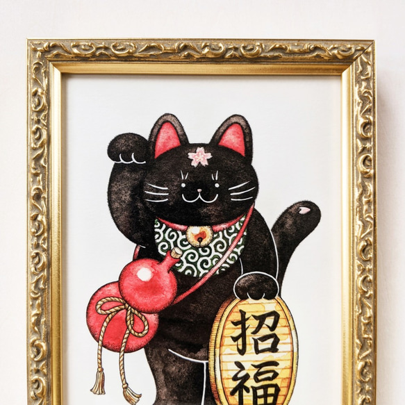 2L 黒招き猫 アートプリント/イラスト複製画 3枚目の画像