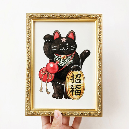 2L 黒招き猫 アートプリント/イラスト複製画 イラスト Yakumo