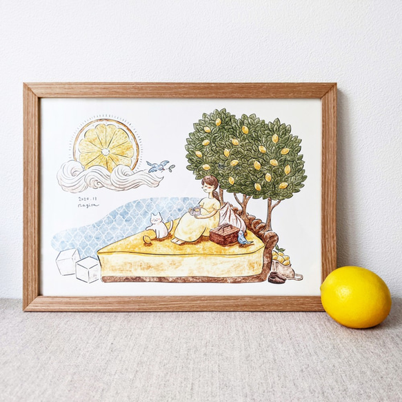 A4 白猫とレモンタルト アートプリント/イラスト複製画 イラスト