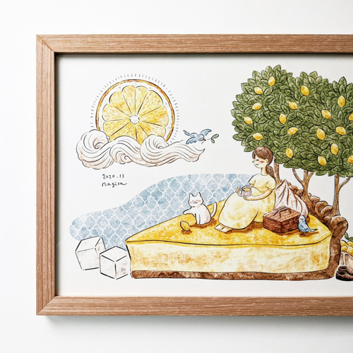 A4 白猫とレモンタルト アートプリント/イラスト複製画 イラスト