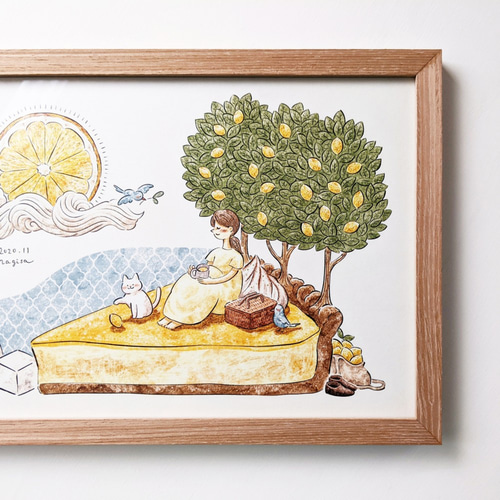 A4 白猫とレモンタルト アートプリント/イラスト複製画 イラスト