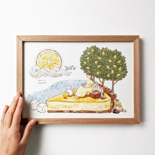 A4 白猫とレモンタルト アートプリント/イラスト複製画 イラスト