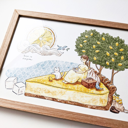 猫とレモンの切り絵アート A4 白猫とレモンタルト アートプリント/イラスト複製画 イラスト