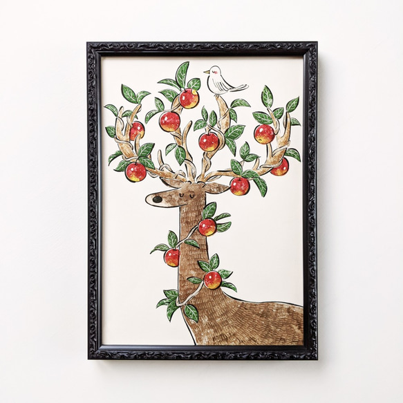 A4 牡鹿と林檎 アートプリント/イラスト複製画 1枚目の画像