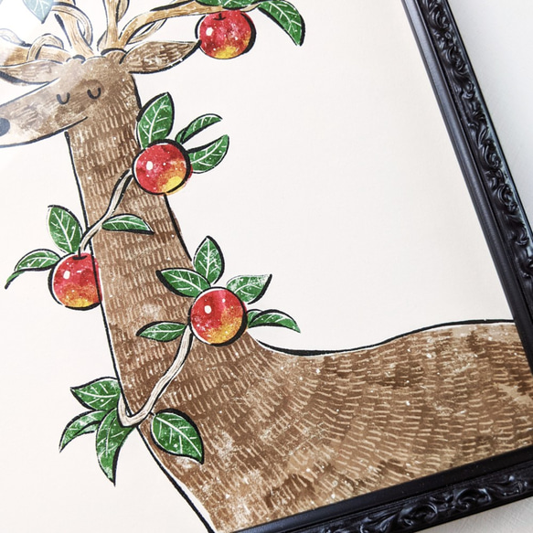 A4 牡鹿と林檎 アートプリント/イラスト複製画 3枚目の画像