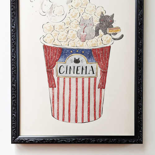A4 猫と映画とポップコーン アートプリント/イラスト複製画