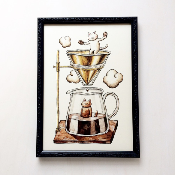 A4 猫とコーヒー アートプリント/イラスト複製画 イラスト