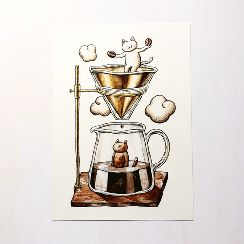 A4 猫と本とコーヒー アートプリント/イラスト複製画 - ショップ
