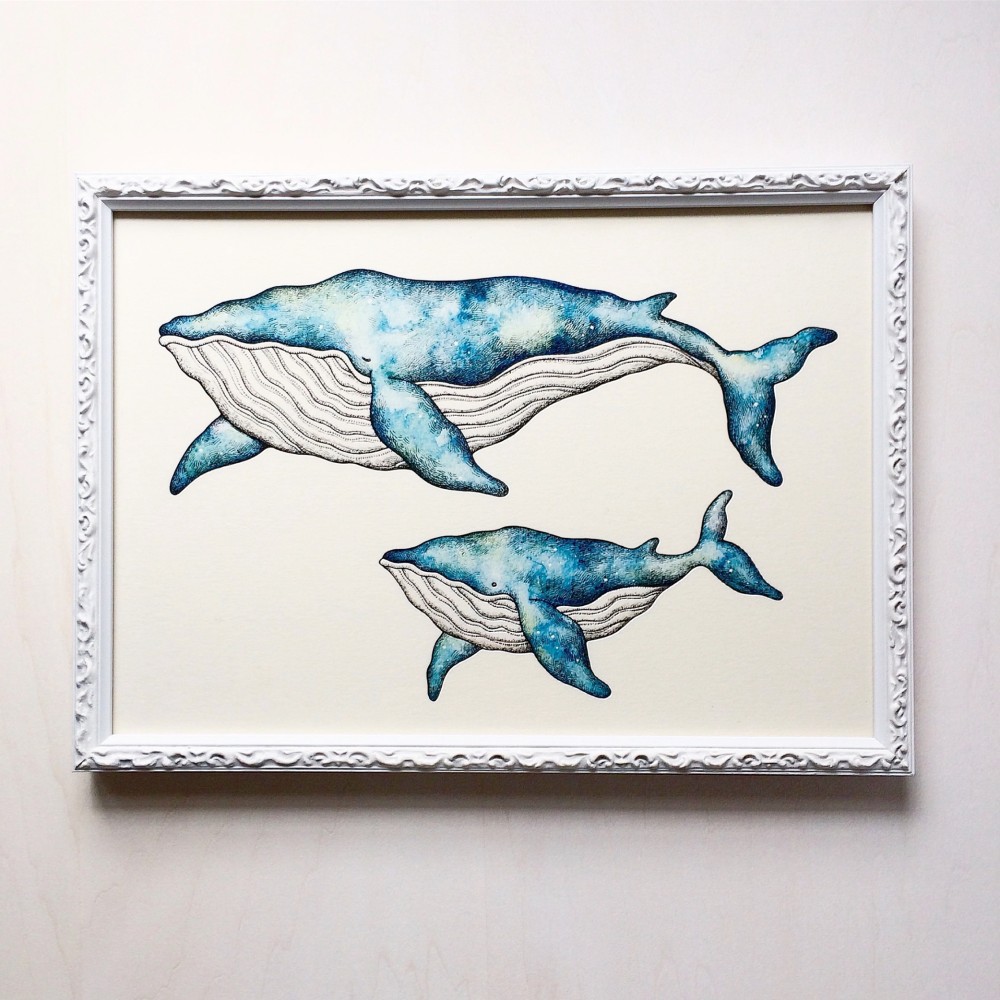 アラスカ クジラ 親子 水彩画☆ メアリー・クロクストン ☆大判