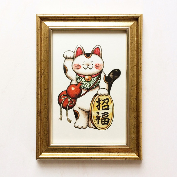 尾九 開運イラスト 招き猫 金色 A4サイズ フレーム付き | iichi
