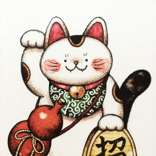 ポストカードサイズ 招き猫 アートプリント/イラスト複製画