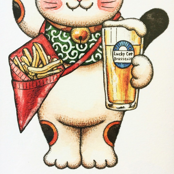 2L ビールと招き猫 アートプリント/イラスト複製画 4枚目の画像