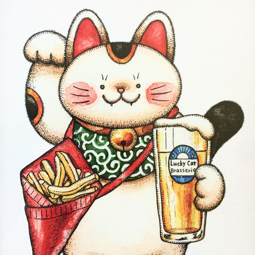 2L ビールと招き猫 アートプリント/イラスト複製画 イラスト Yakumo