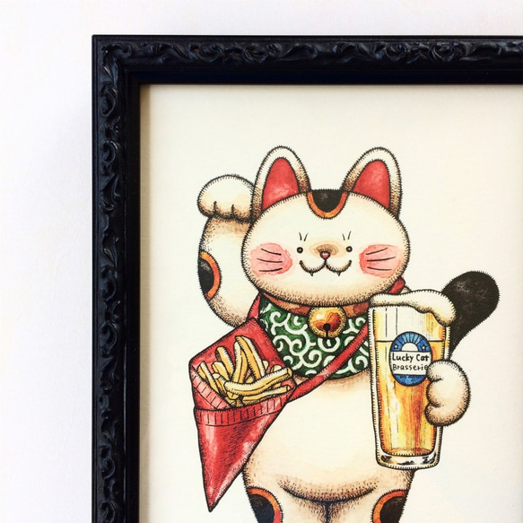 2L ビールと招き猫 アートプリント/イラスト複製画 2枚目の画像