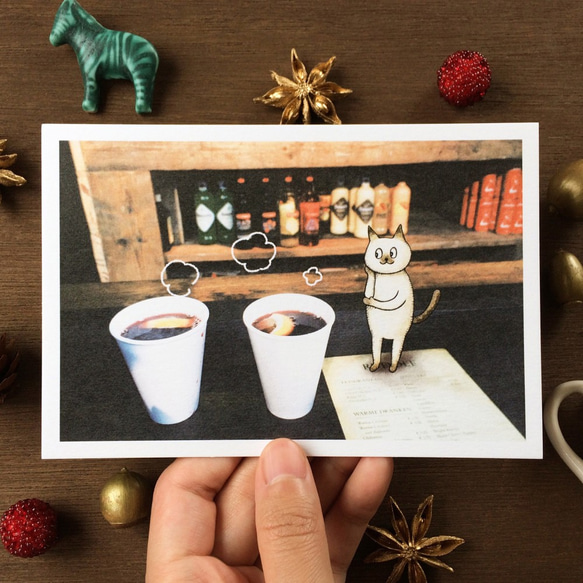ポストカードサイズ 猫とグルーワイン アートプリント/イラスト複製画 4枚目の画像