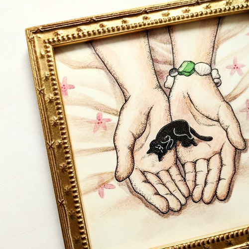150角 手の中の黒猫 アートプリント/イラスト複製画 イラスト