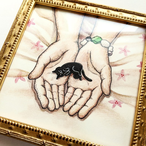 人物とペットのオーダー受付中　女性と黒猫 原画　ミニ絵画　おまけフレーム付き 150角 手の中の黒猫 アートプリント/イラスト複製画 イラスト
