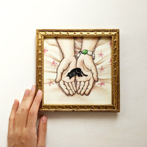 人物とペットのオーダー受付中　女性と黒猫 原画　ミニ絵画　おまけフレーム付き 原画・フレーム付き】「おすましな黒猫ちゃん」 パステルアート