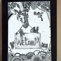 手描きウェルカムボード「キリンとリスの歓迎準備」（額付き） 1枚目の画像