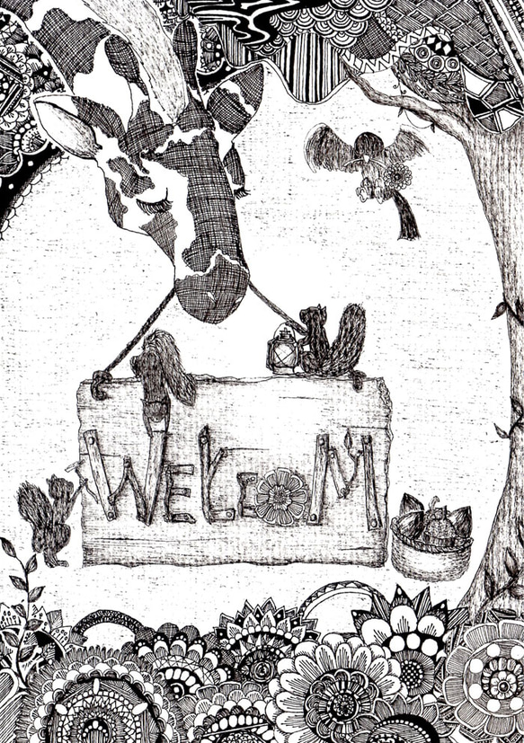 手描きウェルカムボード「キリンとリスの歓迎準備」（額付き） 4枚目の画像