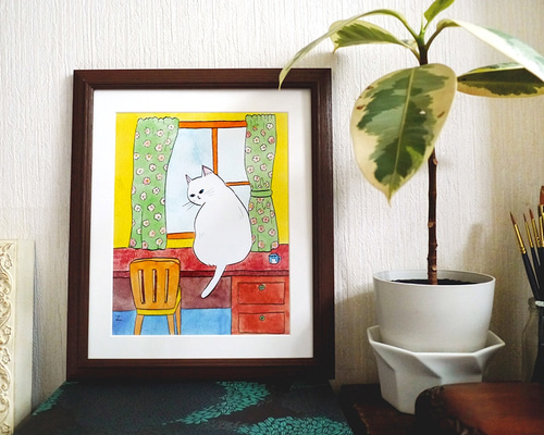 「猫とインコとイングリッシュコッカーのいる寝室」アクリル画 原画F8キャンバス アートインテリア/キャンバス_A-C-86-5075 Haru and Nagi the
