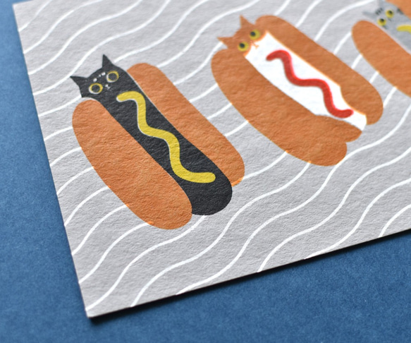 [大ゴマ小ピーナッツ]猫ホットドッグHOT CAT手作りのスクリーン印刷/印刷カード 2枚目の画像