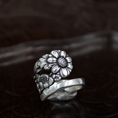 秋桜と梅と彼岸花｜ヴィンテージ｜シルバー｜スプーンリング｜和モダン