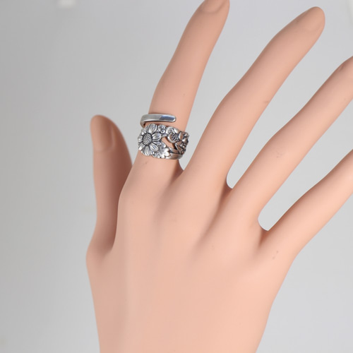 秋桜と梅と彼岸花｜ヴィンテージ｜シルバー｜スプーンリング｜和モダン