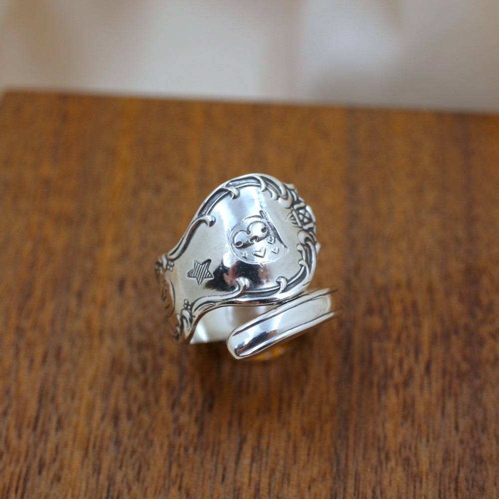 梟と月｜ヴィンテージ｜シルバー｜スプーンリング｜刻印｜かわいい｜おとぎ話｜星空｜夜空｜カジュアル