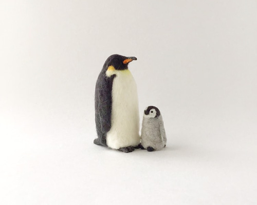 羊毛フェルト】30cm越の大型☆ペンギン☆皇帝ペンギン親子鳥