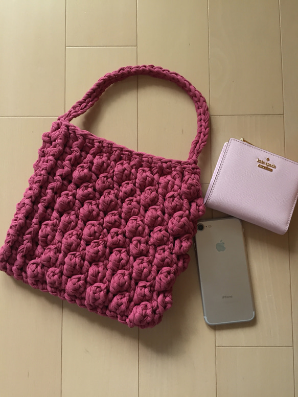 春色ピンク♡パフコーン編みのバッグ♡ズパゲッティ 3枚目の画像