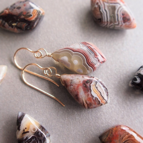 14kgf 希少石 クレイジーレースアゲート 茶微塵茶のピアス（イヤリング  