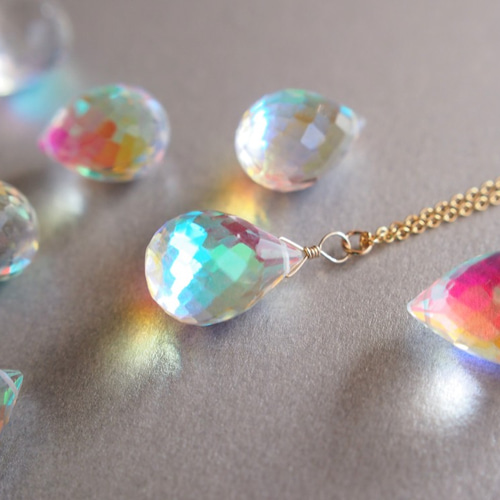 14kgf 大粒 ファイアレインボークォーツ AAA 虹色のネックレス