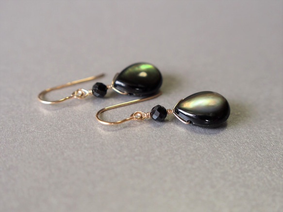 14kgf優質黑珍珠貝殼黑貝和黑尖晶石黑色天然石耳環（耳環可更換） 第4張的照片
