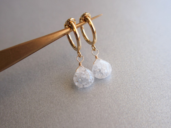 ☆四月誕生石☆裂紋水晶AAA（天然水晶）透明冰耳環（無孔耳環可以更換） 第2張的照片