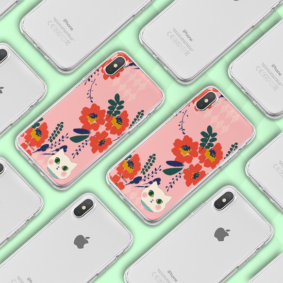 【再販】レトロ花柄 白ねこ ピンク iPhoneケース android スマホケース ほぼ全機種対応 cat100 3枚目の画像