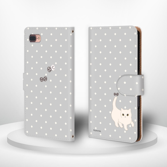 ちょうちょとにゃんこ 白ねこ グレー iPhoneケース android 手帳型ケース ほぼ全機種対応 1902-300 1枚目の画像