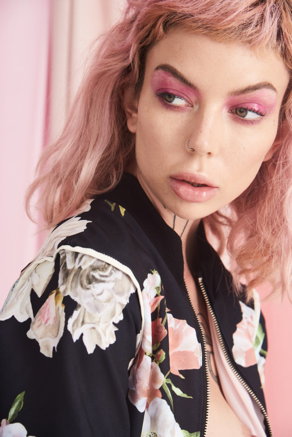 左右対称花柄プリント ボンバージャケット スカジャン風 1点もの