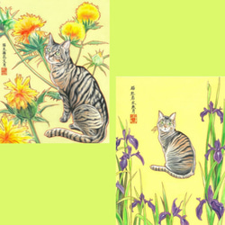 日本画風 猫イラスト 二枚組 和風水彩 1枚目の画像