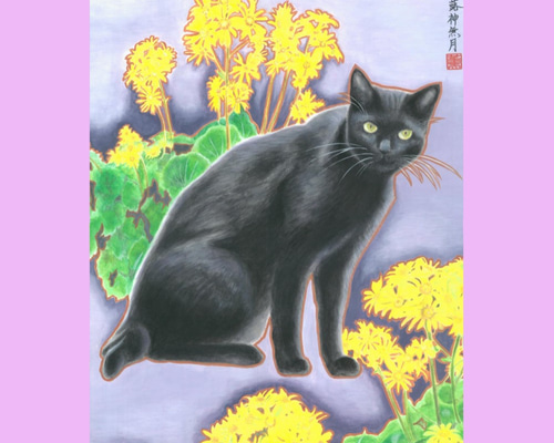 特別価格☆【原画】『夏の終わりの使者』（黒猫　金魚　絵画　手描き　和風　） 0_9fa9beac0b5991b3a5cfec9b392f