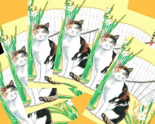三毛猫 水仙 和風水彩イラスト 年賀状 6枚組 ポストカード 猫じゃらし