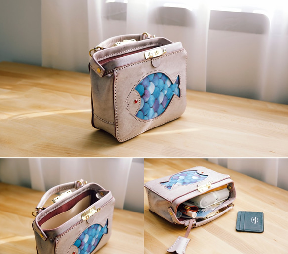 【深海魚】大人気！がま口バッグ 本革手作りのレザーショルダーバッグ 総手縫い　手持ち 肩掛け 2WAY 鞄　大 8枚目の画像