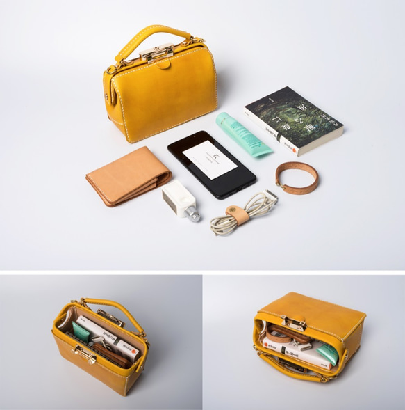 ダレスタイプ 小型 がま口バッグ 本革手作りのレザーショルダーバッグ 手染め / 総手縫い　手持ち 肩掛け 2WAY 鞄 3枚目の画像