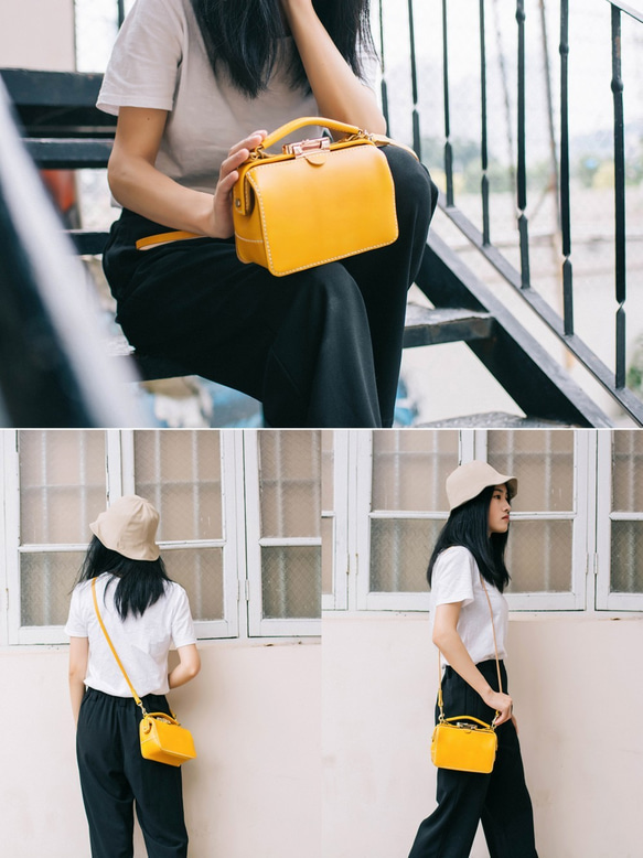 ダレスタイプ 小型 がま口バッグ 本革手作りのレザーショルダーバッグ 手染め / 総手縫い　手持ち 肩掛け 2WAY 鞄 4枚目の画像