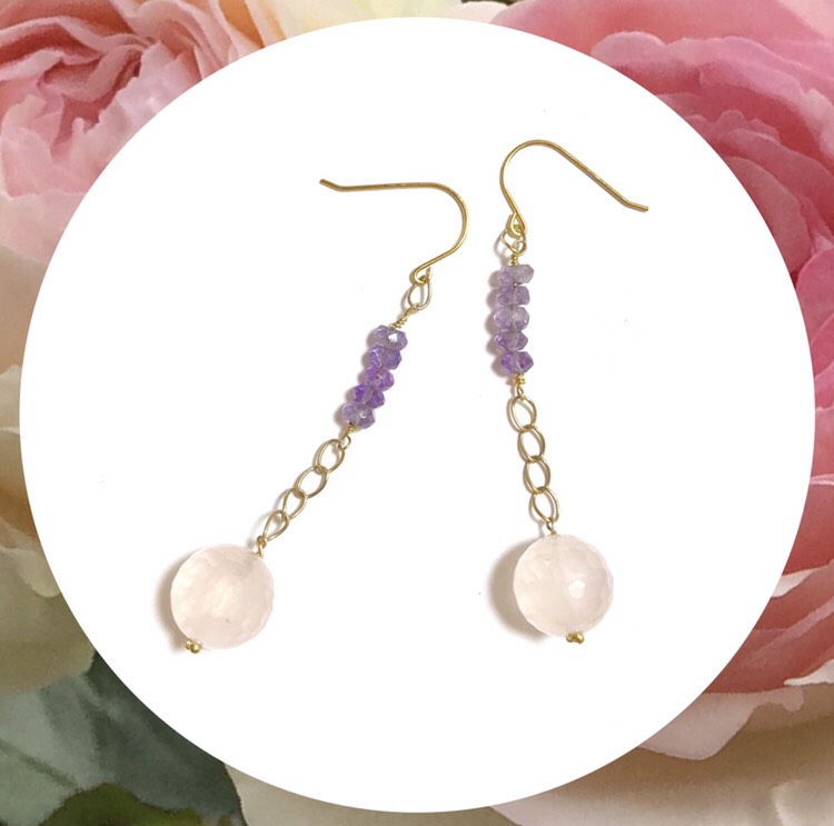 ◆素敵な恋に！K10×K14GFローズクオーツ×アメシスト ロングピアス